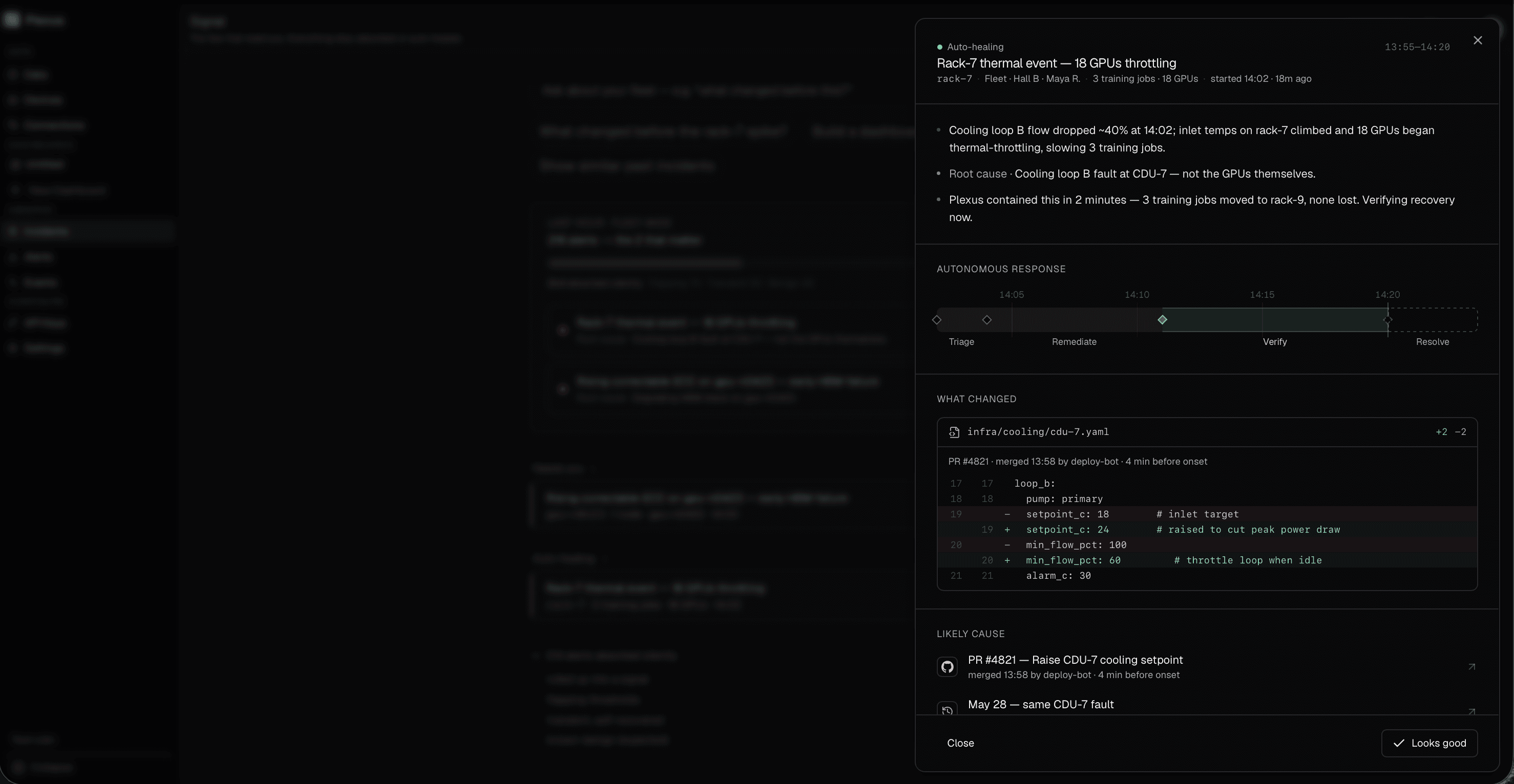 an incident panel for a rack thermal event: what happened in plain language, an automatic response timeline from triage to resolve, the config change that caused it, and the likely cause.